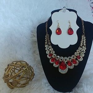 Statement Red and Clear Crystal Bib Necklace Set